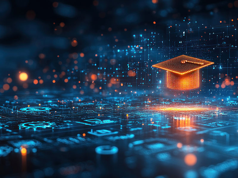 blue and orange circuitry with a digital image of a graduation cap