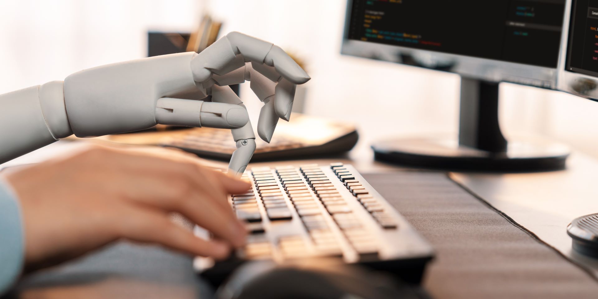 Robotic and human hand working in collaboration on a keyboard.